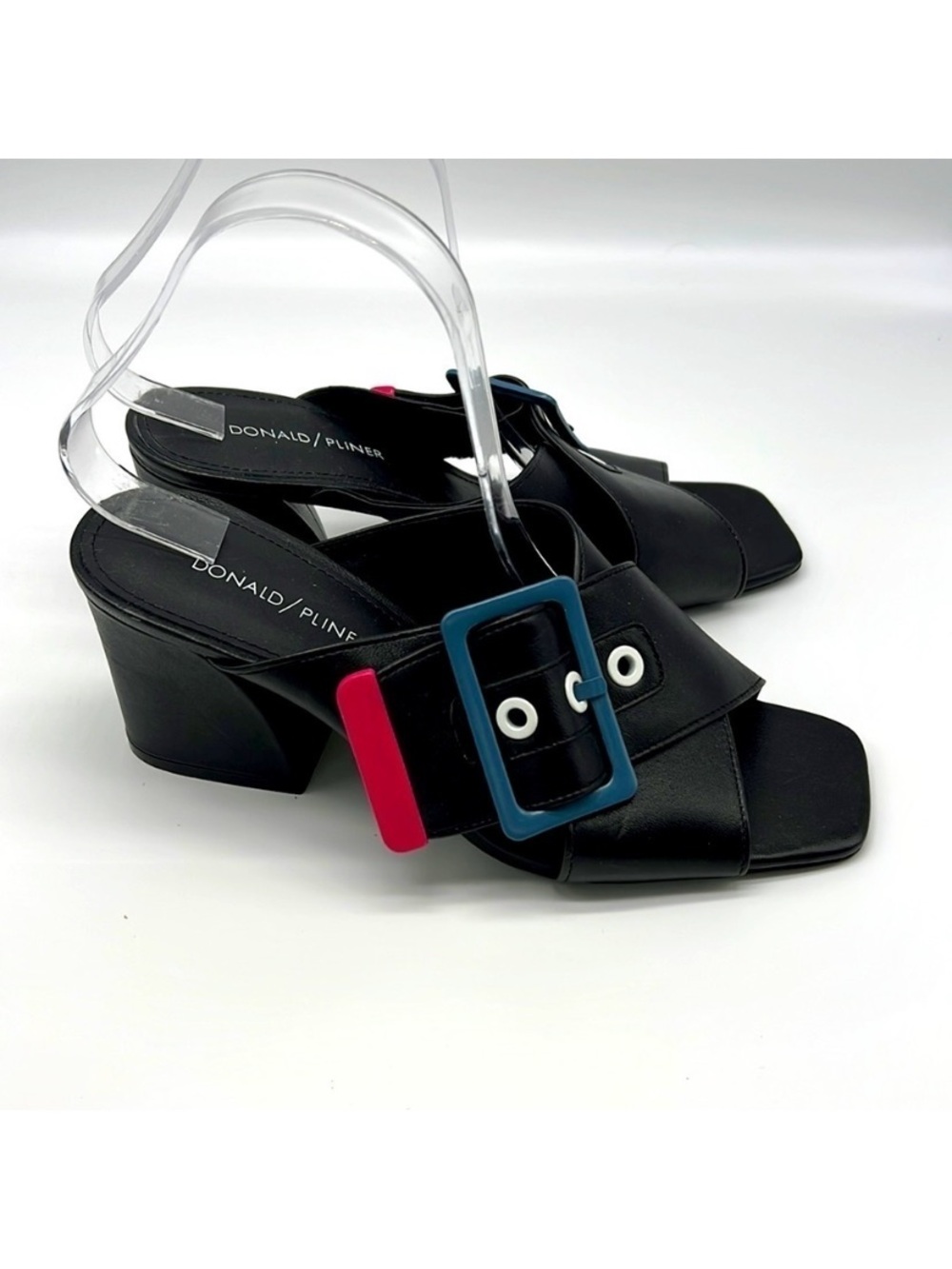 Size 9 Donald J. Pliner Black Leather Block Heel Slide with Blue & Red  Accents